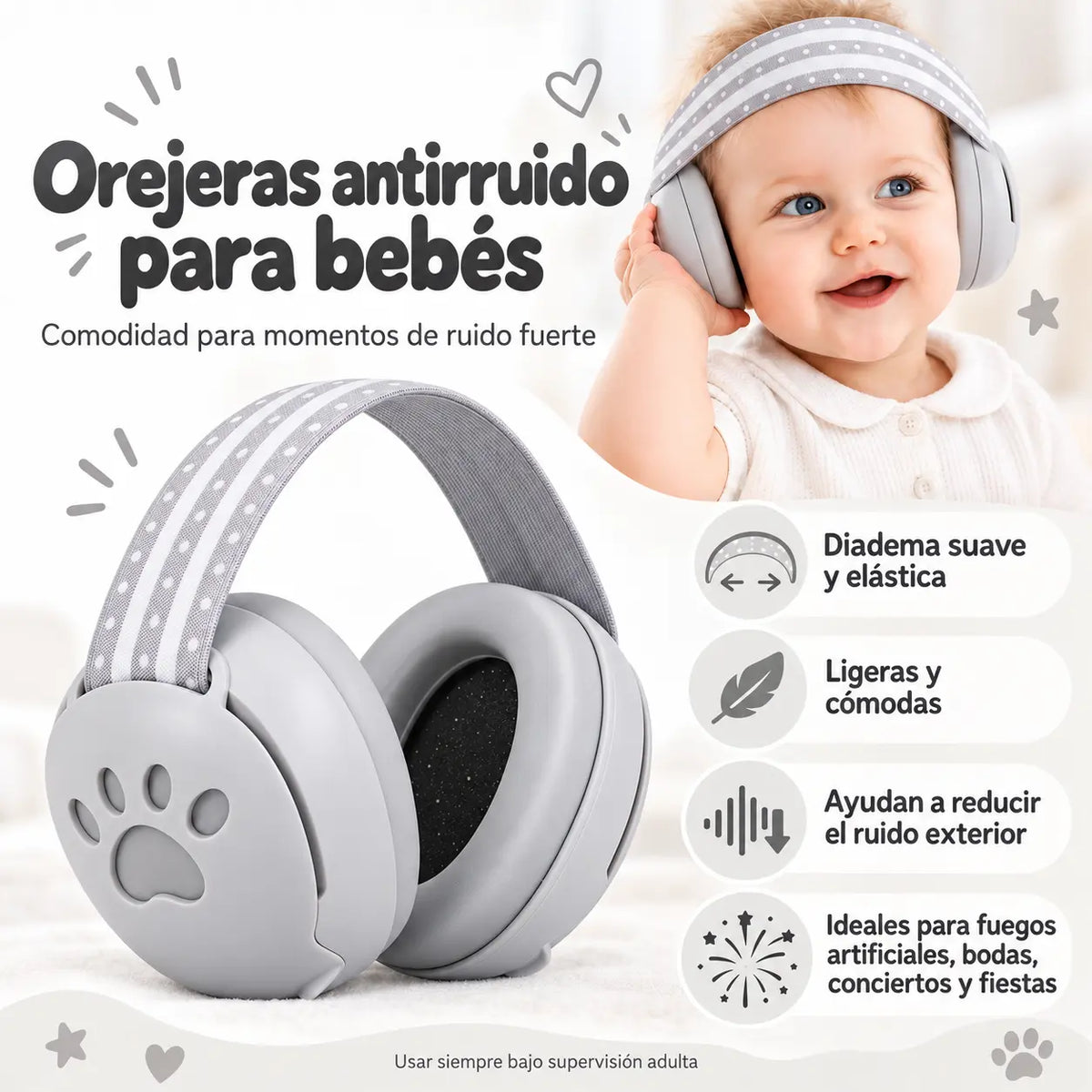 Bebé con orejeras antirruido Burbi grises de diadema elástica