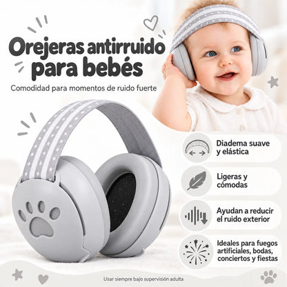 Bebé con orejeras antirruido Burbi grises de diadema elástica